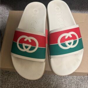 Gucci White Slides with Red & Green Web and Interlocking GG